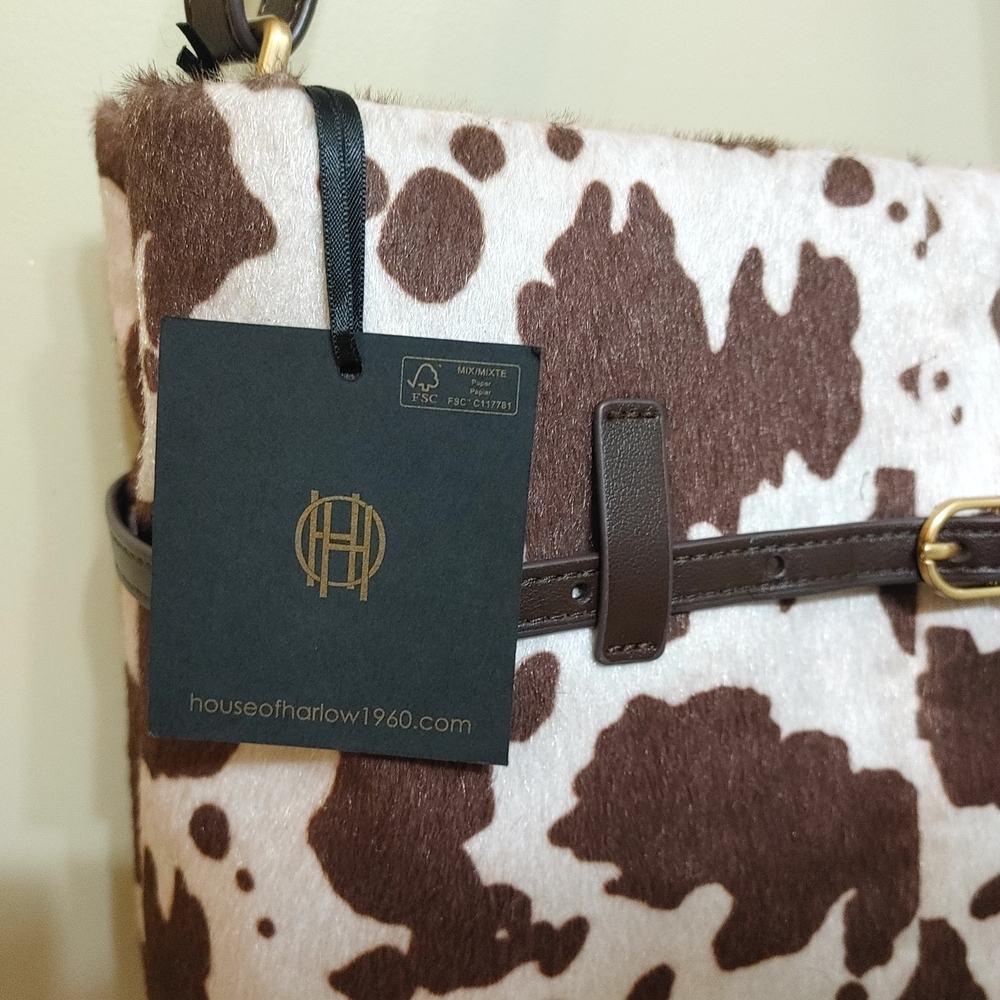 NWT House of Harlow Brown and White Cow Print Shoulder Bag Animal Print Purse - Picture 2 of 10